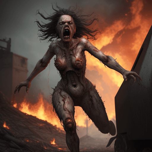 AI generated: A mutant hostile woman screaming, fire everywhere, wailing, horrified look on face, fire is very det...
