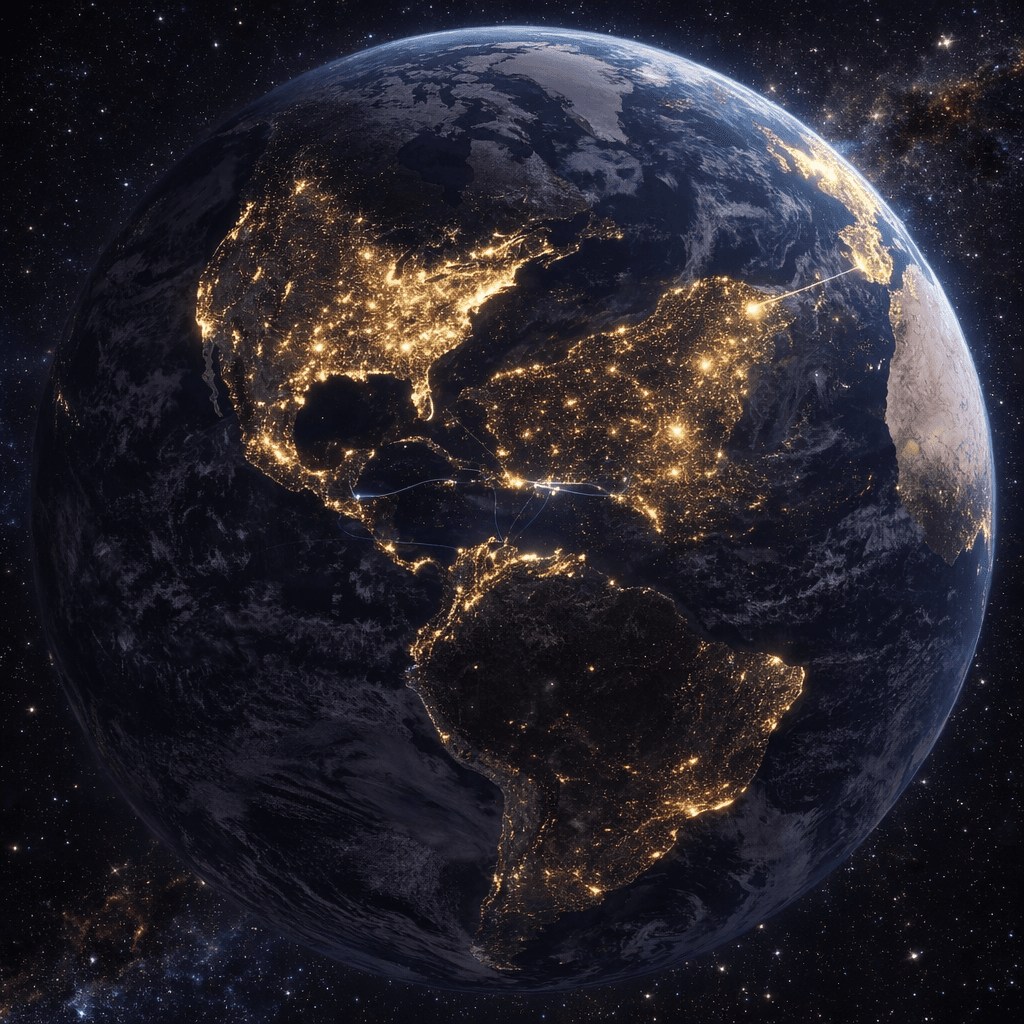 AI generated: Copy the reference images and create an orbital view of Earth from space, Western Hemisphere centere...