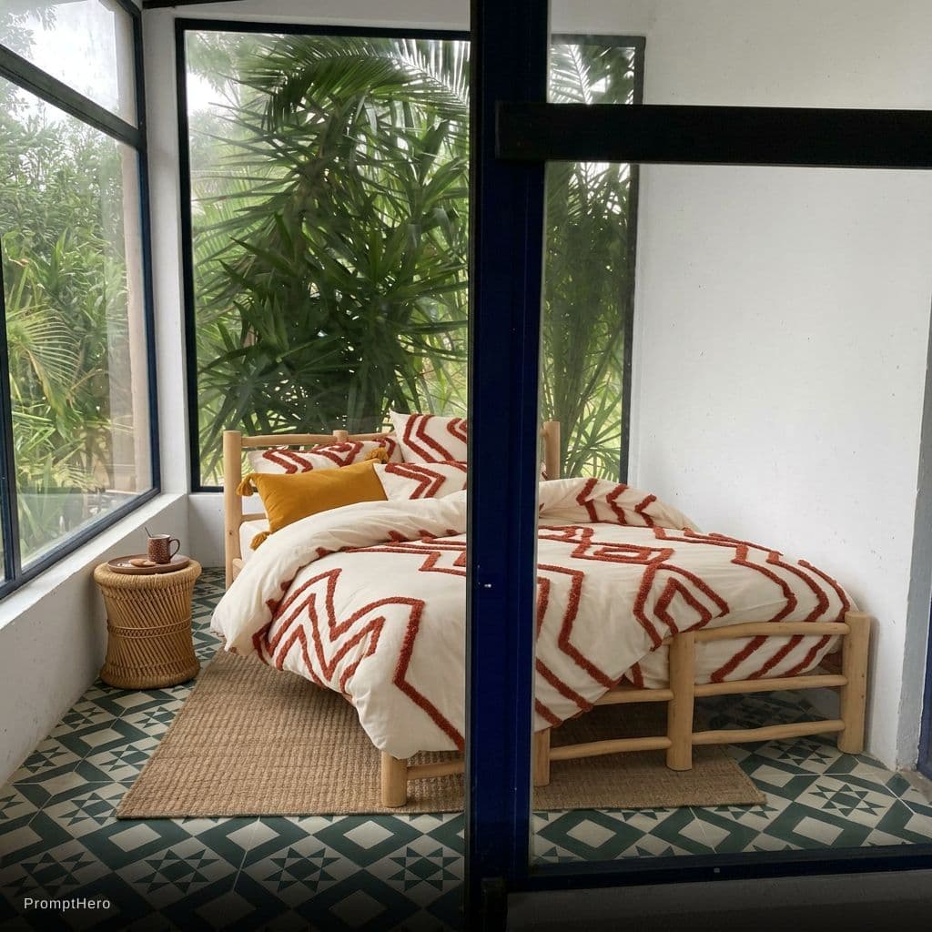 AI generated: Add in this bed into this room with the head of the bed against the large window that we're looking ...