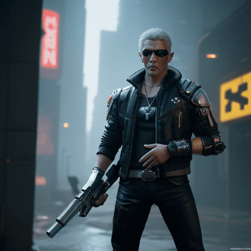 AI generated: Hyper realistic eye level anthropomorphic husky warrior in a cyberpunk 2077 setting holding his gun ...