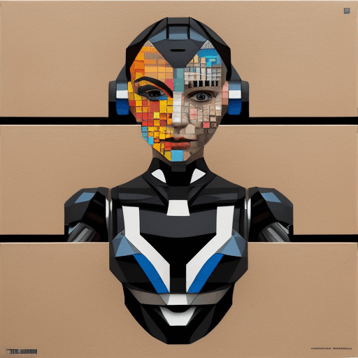 AI generated: humanoid robot, in the style of multi-layered collages, edgy street art, celebrity-portraits, cardbo...