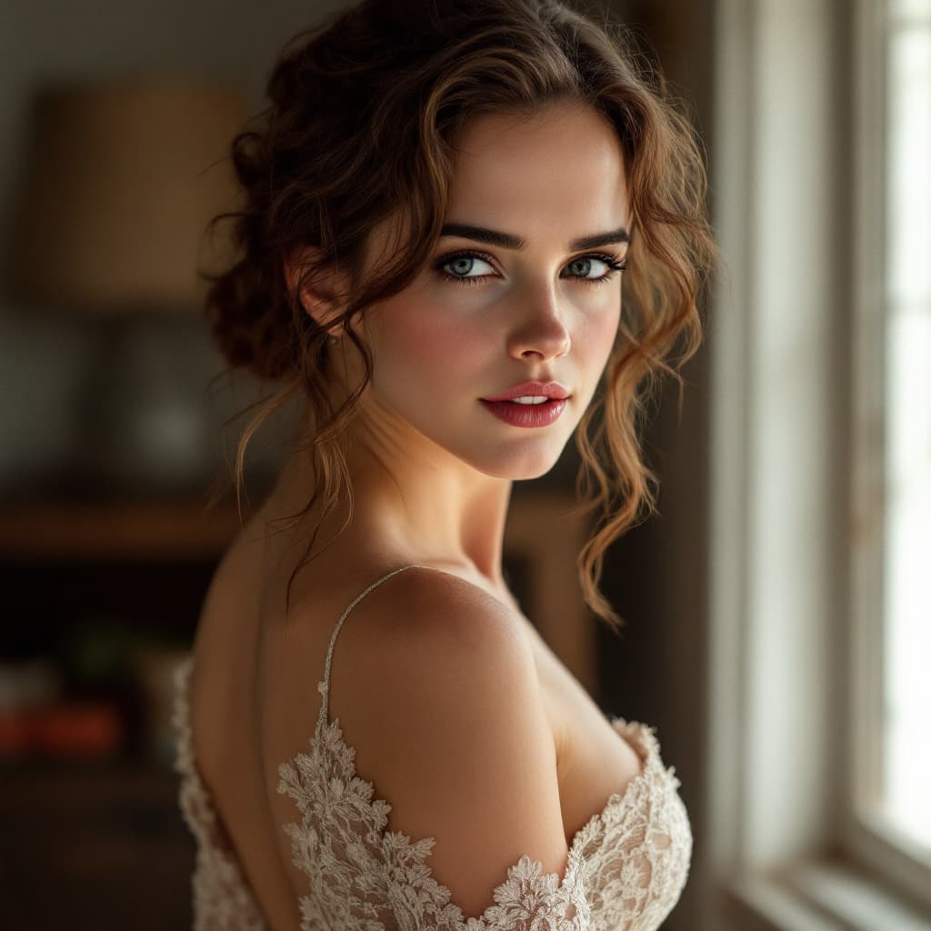 AI generated: (Emma Watson(looking at camera) wearing extremely tight dress:1.3), (curly hair:1.0), (wide hips:0.9...