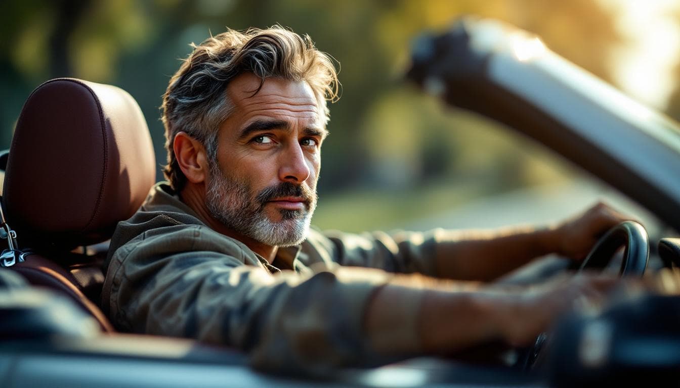 AI generated: A man in a convertible Mercedes. Professional photography, bokeh, natural lighting, Canon lens, shot...