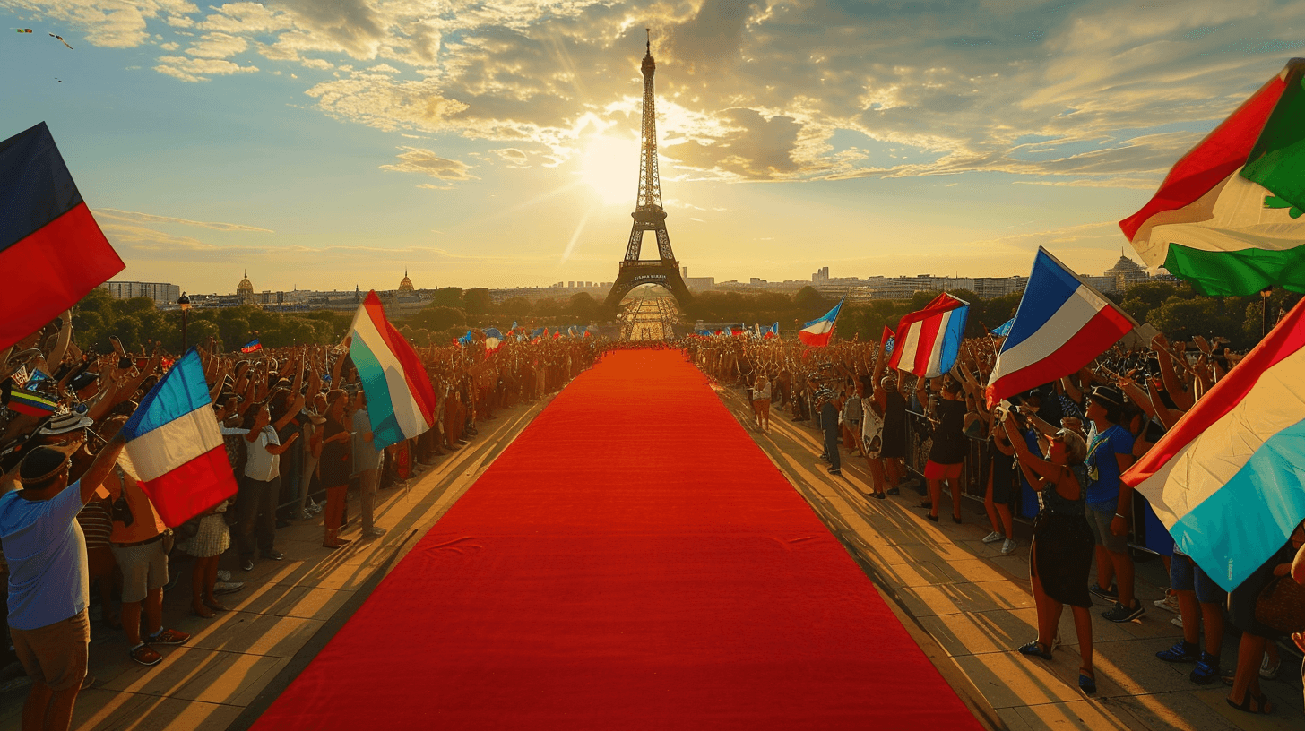 AI generated: Olympic celebrations, in the middle is a red carpet-paved empty road leading to the Eiffel Tower, wi...