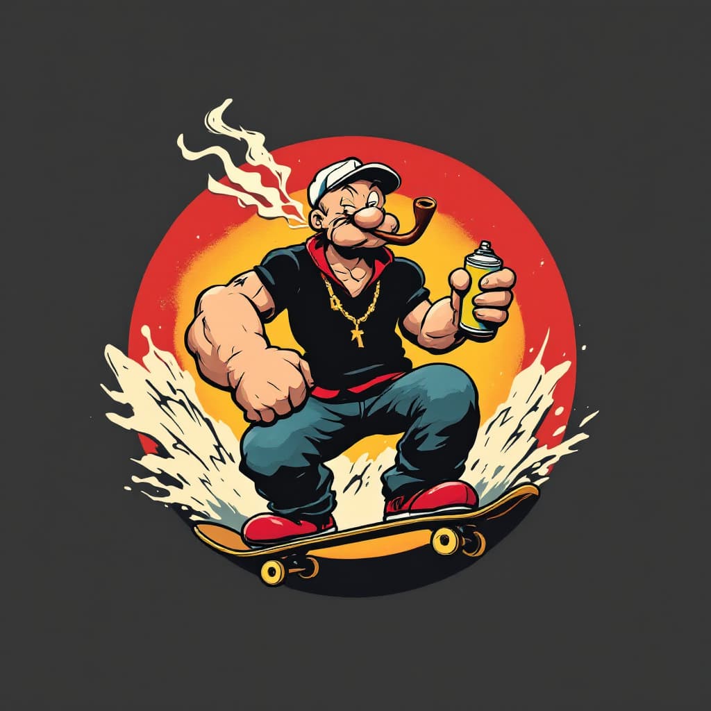 AI generated: round logo style vintage cartoon of popeye riding a skateboard while smoking his pipe & holding a sp...
