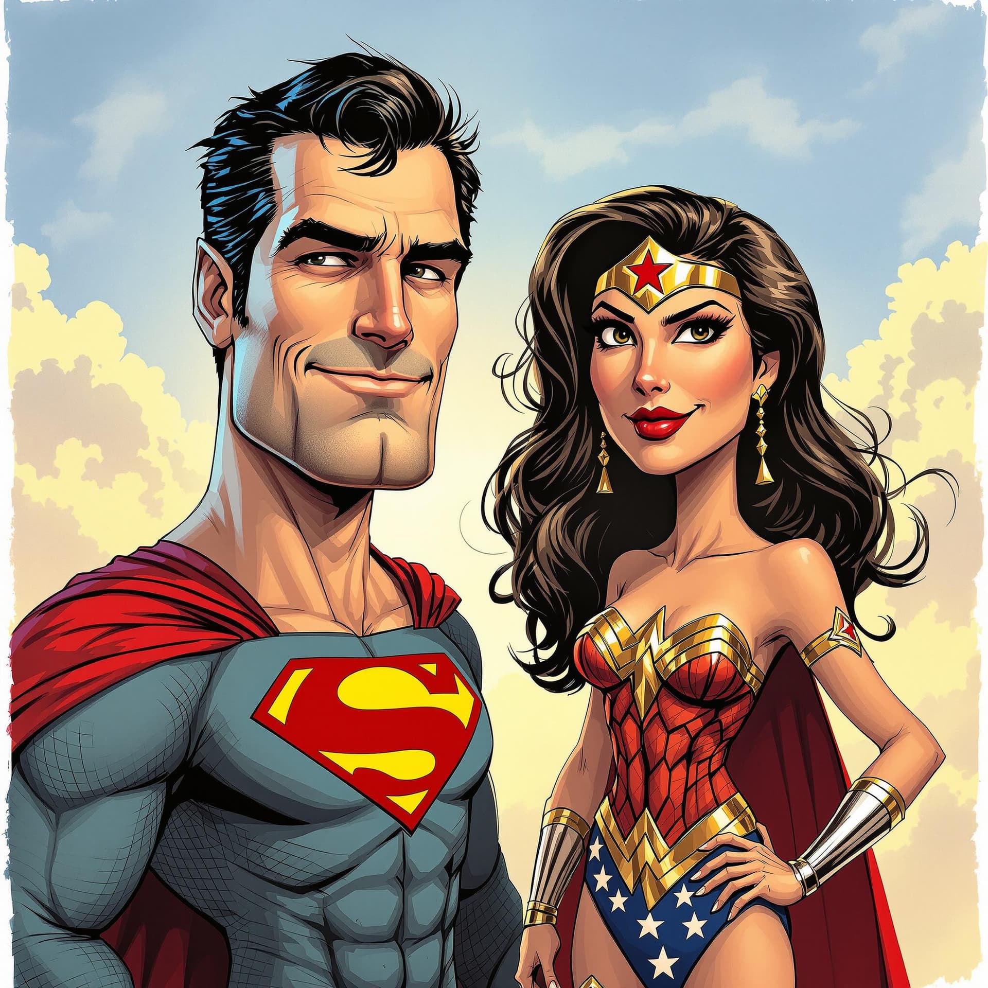 AI generated: caricature of superman and wonder woman