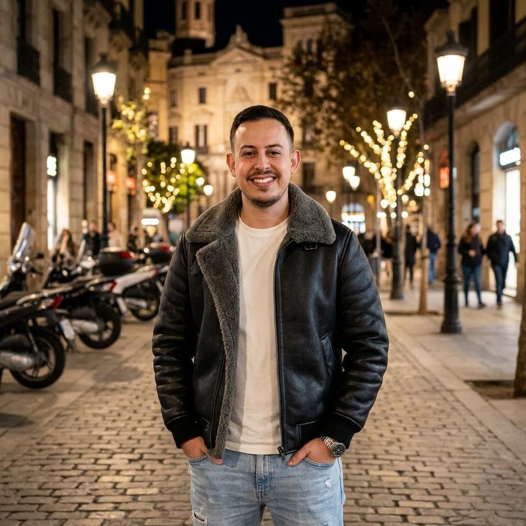 AI generated: A young handsome Spanish man in his late 20s, smiling confidently at the camera, dark short styled h...