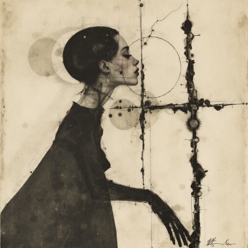AI generated: pretty-young-wife-surreal-by-paul wunderlich-egon schiele-rudolf hausner-sketch art, night 