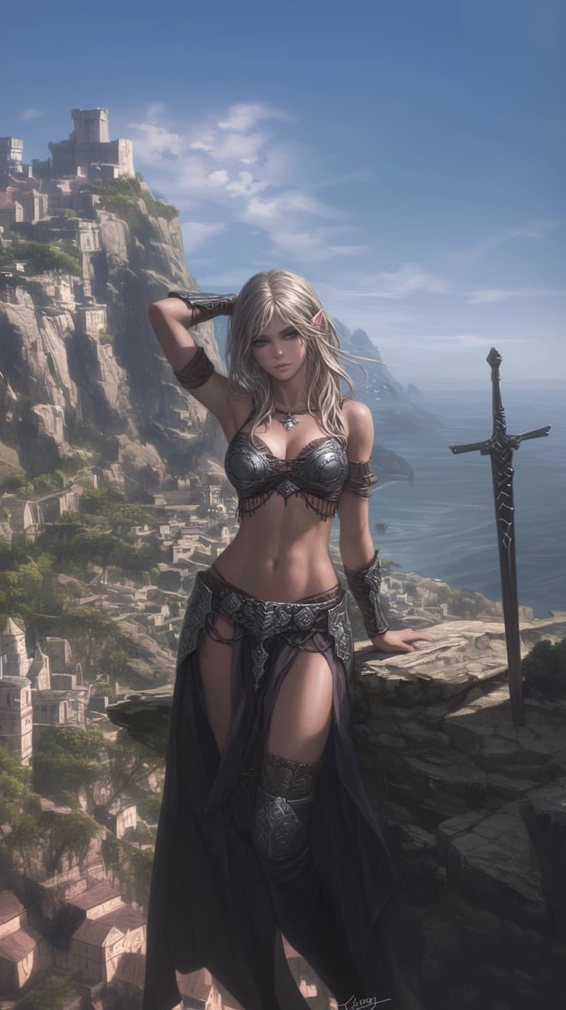 AI generated: /imagine prompt: An elven paladin in a platemail bikini | Fierce pose | Standing on a cliff ledge ov...