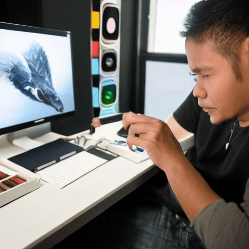 AI generated: A photo realistic a digital artist working on his computer in a digital arts studio. The artist will...
