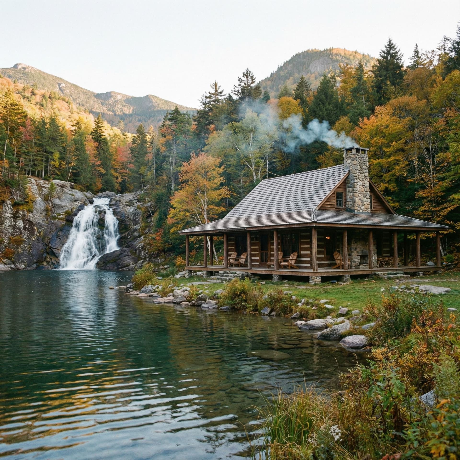 AI generated: A beautiful cabin next to a small body of water with a water fall.