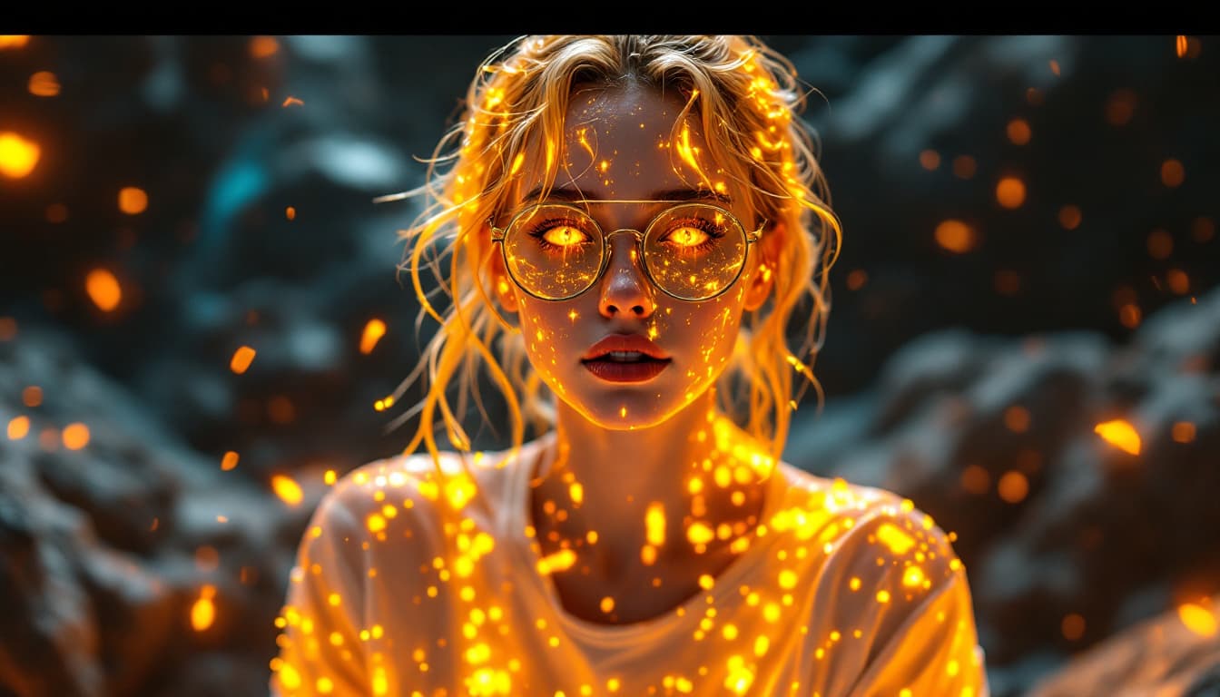 AI generated: A glowing skin girl, she has gold skin, golden eyes, wears nerdy glasses, is wearing a white wet shi...