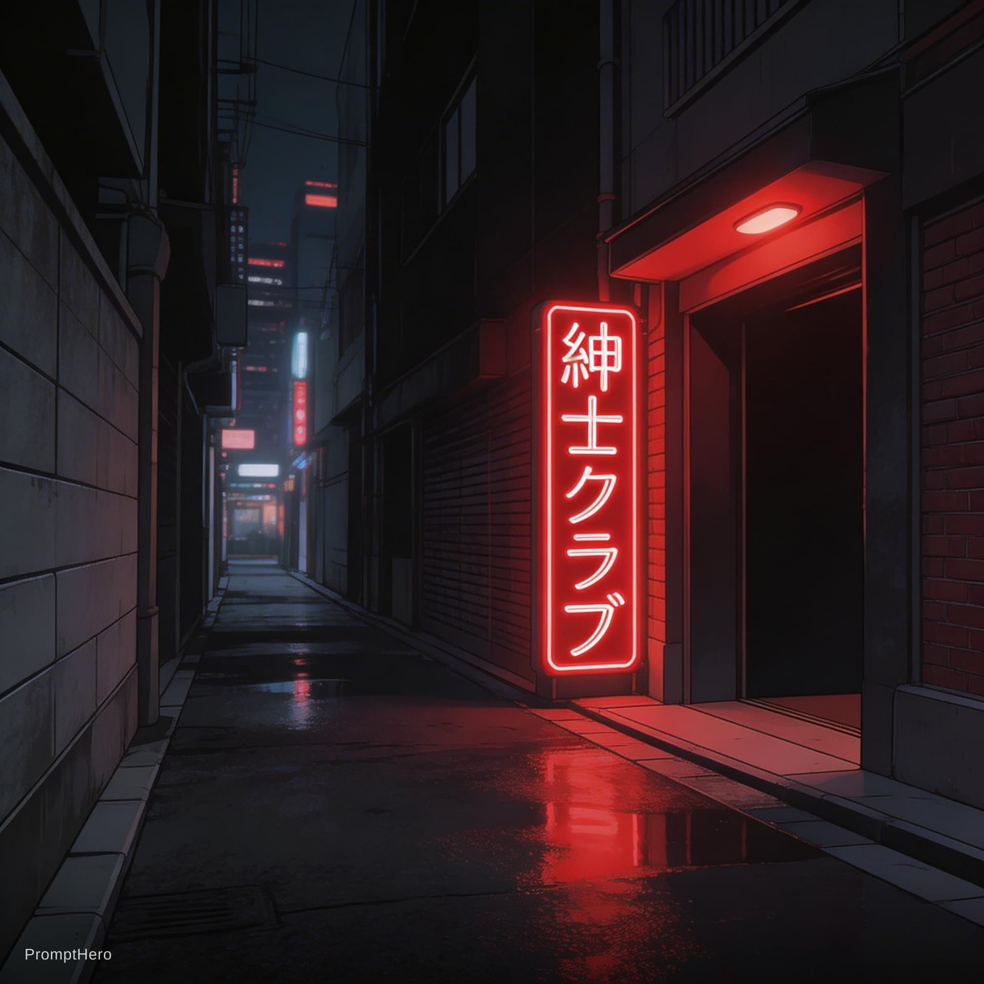 AI generated: a dark alley in Tokyo with the entrance to a club with a red light 
a vertical neon sign reads:
紳
士
...