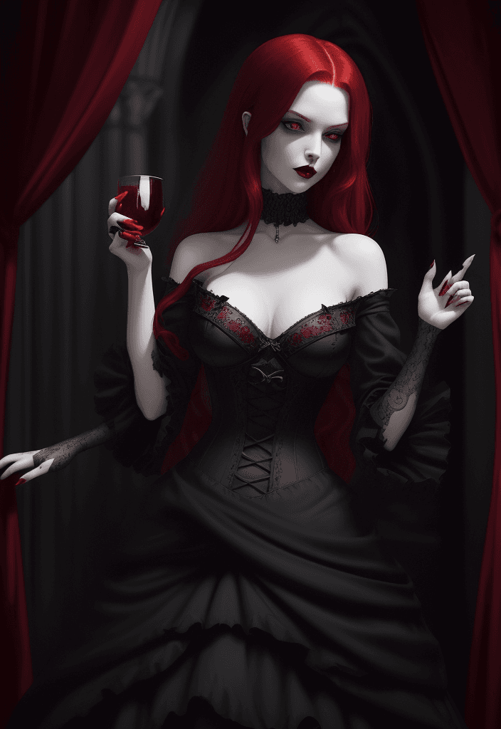 AI generated: A seductive, red-haired vampire with piercing ruby eyes stands amidst a dark, gothic mansion, her sl...