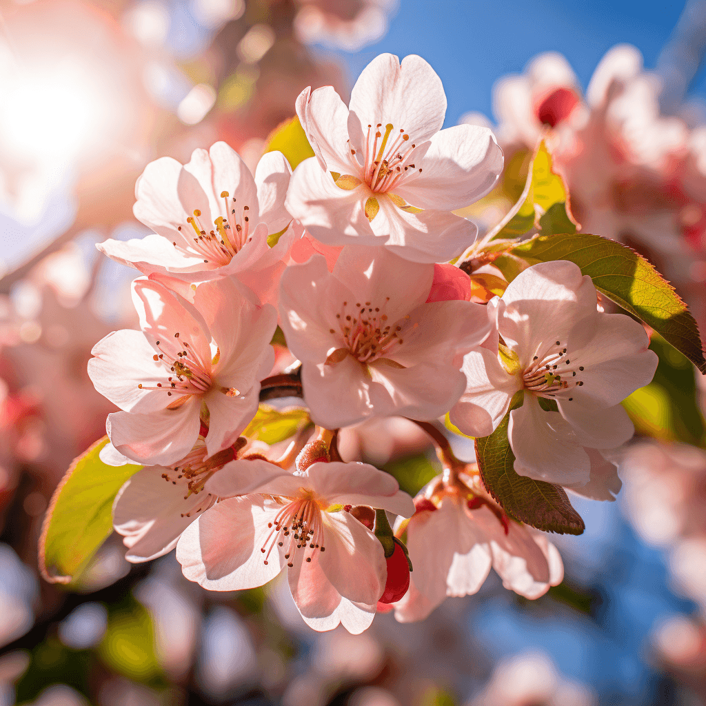 AI generated: A picture of apple flowers taken with sony a7m4 shows the Tyndall effect in the sun, sunny days, war...