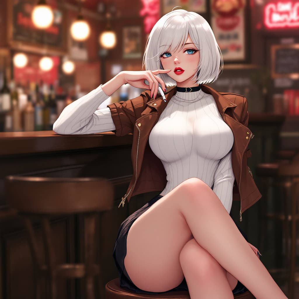 AI generated: anime, woman, white hair, bob cut, blue eyes, freckles, red lips, white sweater, tight sweater, shor...