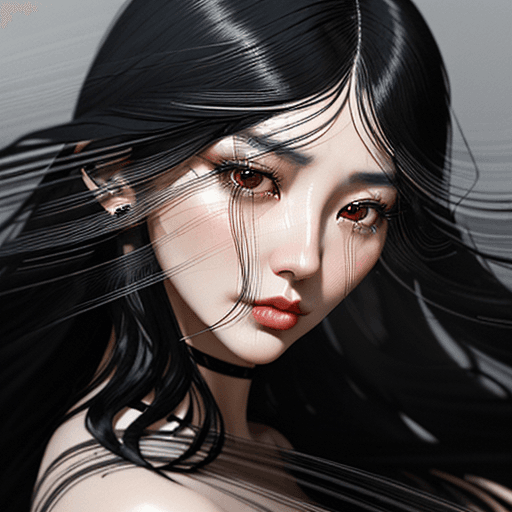 AI generated: a woman with flowing, black hair is posing, in the style of dain yoon, soft edges and blurred detail...