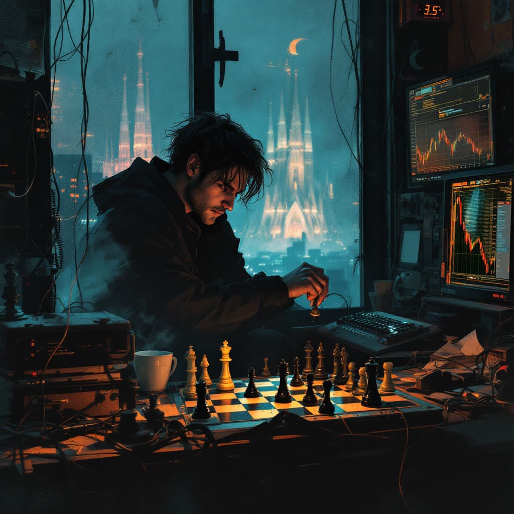 AI generated: 
"1 man, solo, sitting in a messy room, John Berkey style, sharp features, intense gaze as if calcul...