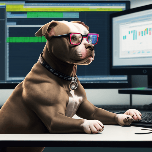 AI generated: pitbull dog with glasses sitting programming in front of a desktop computer looking at the monitor, ...