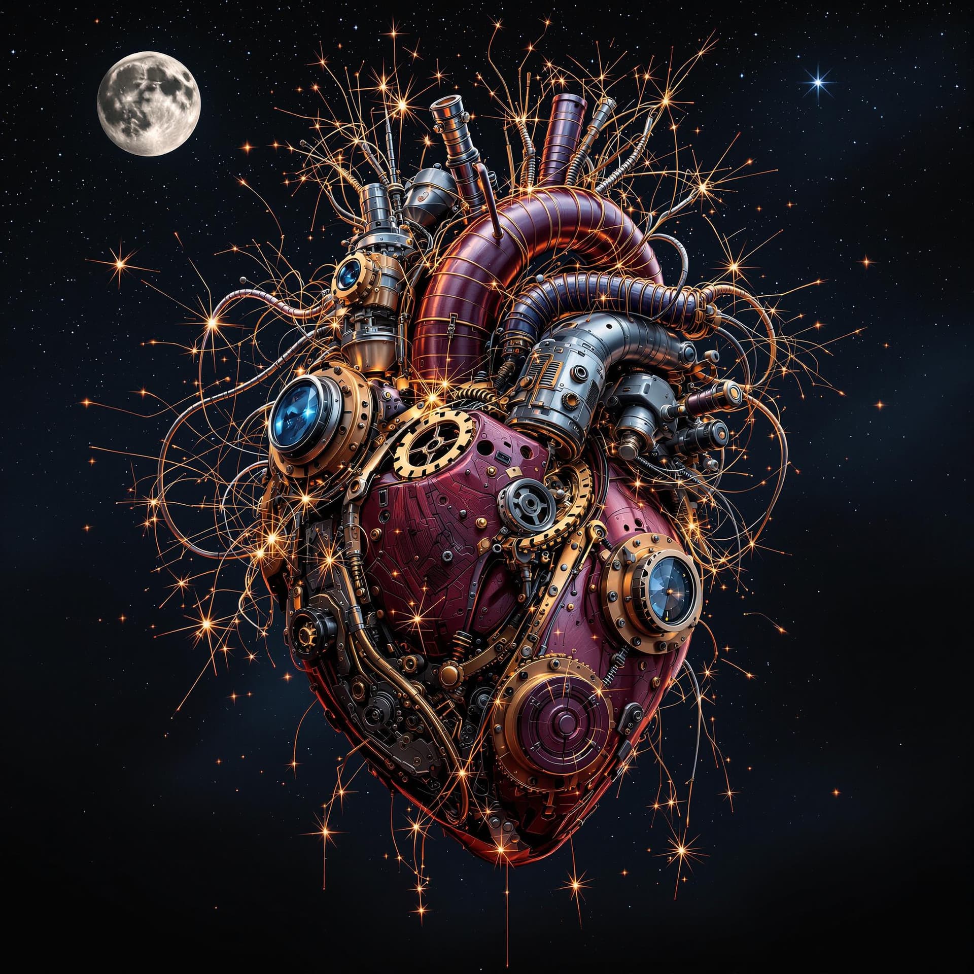 AI generated: Mechanical heart with steampunk details, half exposed with sparking wires flying out, high contrast,...