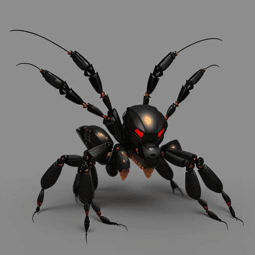 AI generated: iron ant, scorpion robot, robot detailed, scorpion robot model detail, black scorpion robot