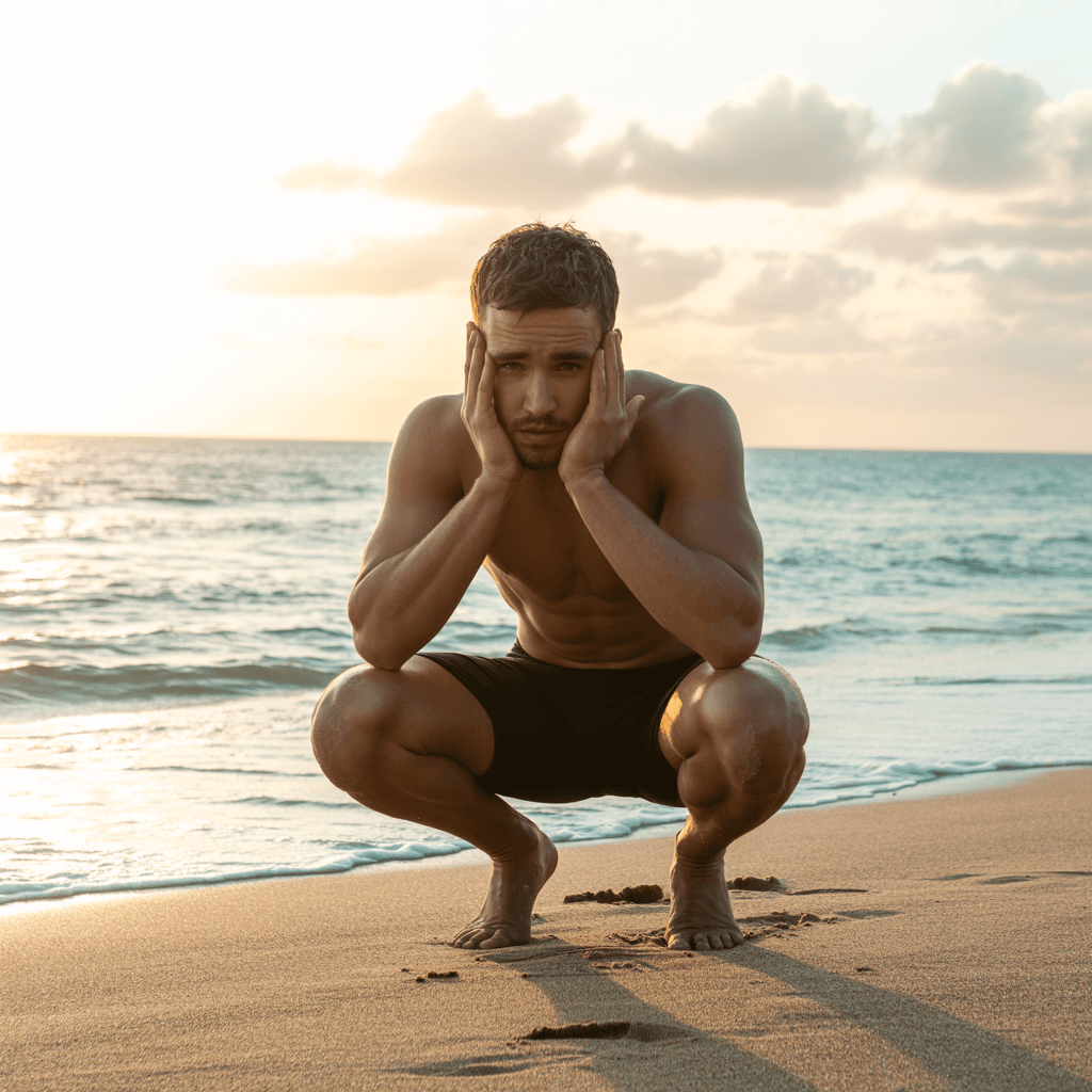 AI generated: Singer Liam Payne kneeling, with his hands behind his head, wearing sports shorts, without a shirt, ...