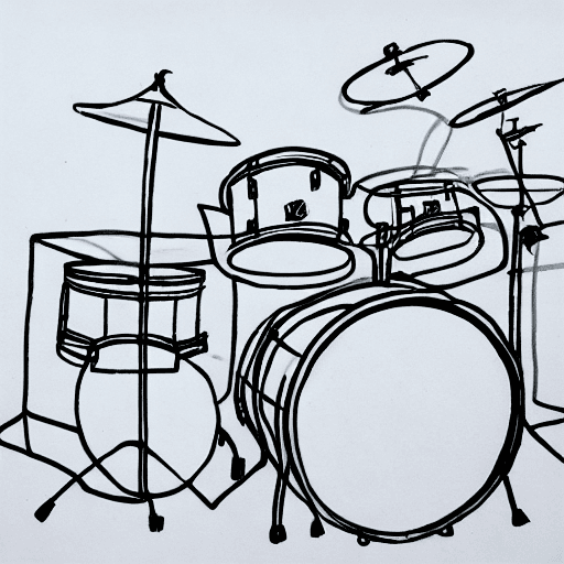 AI generated: drawing of a drum set,white color drawing,big drums and toms,cymbals normal size