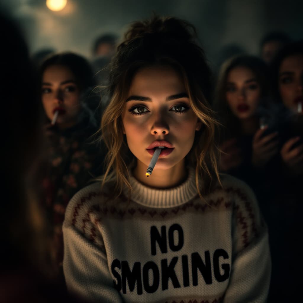AI generated: photo of a pertty female with cigarette in her mouth,wearing knitted sweater with text "NO SMOKING"....