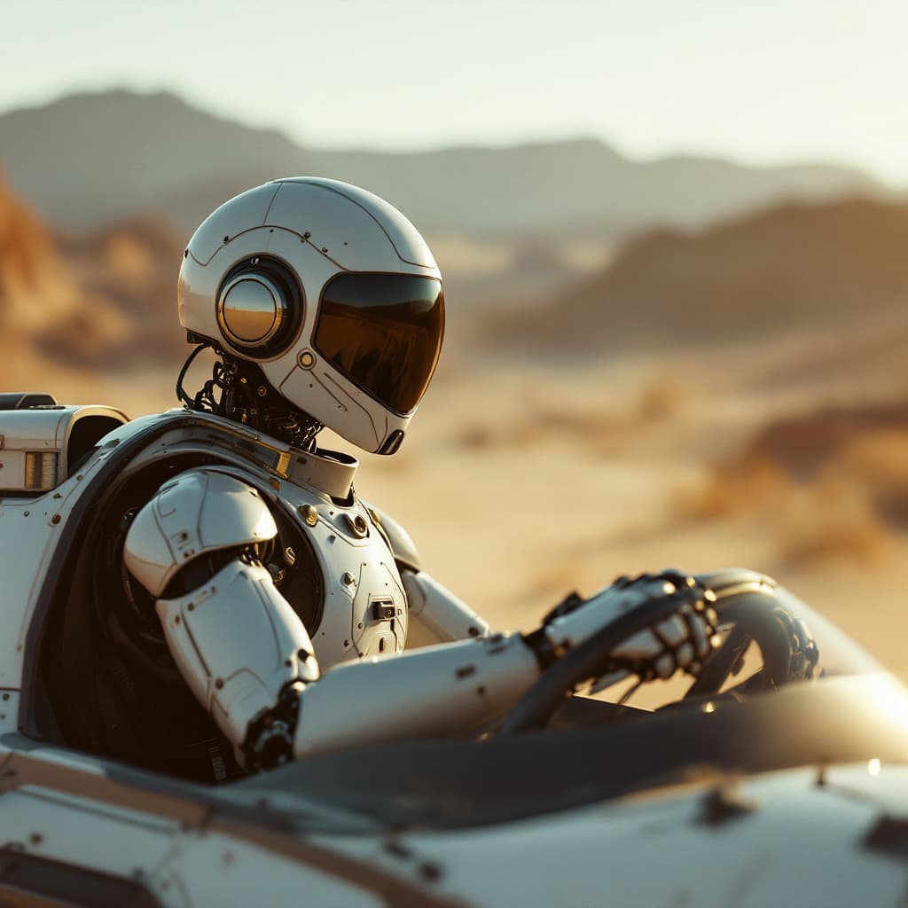 AI generated: film photography of a robot driving a spaceship 
win the race against ancient cars,long shot , in th...