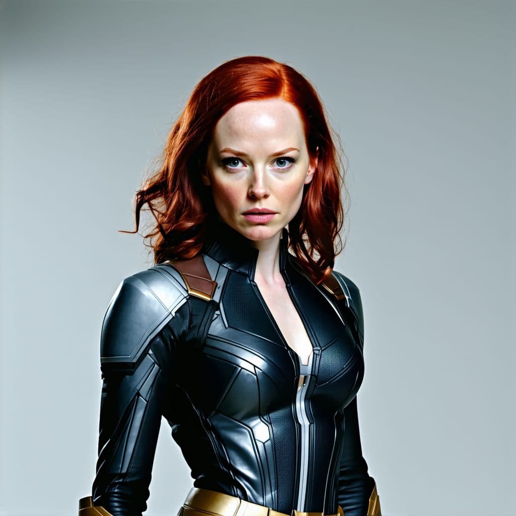AI generated: realistic portrait of black widow superhero in costume with an open top