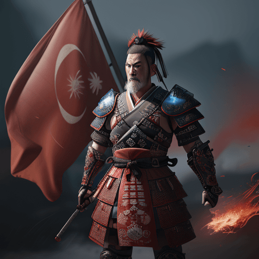 AI generated: Photo of 8k ultra realistic samurai turkish warrior with red war flag banner, full body, intricate b...