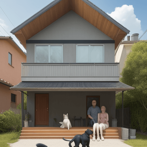 AI generated: house with people in front with dog and cat next to them

