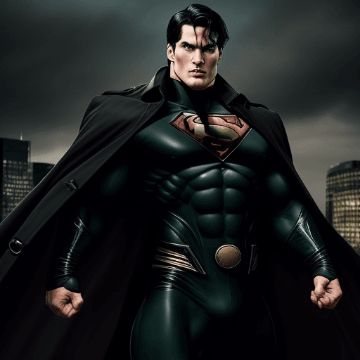 AI generated: strong man, normal body, superman-like, with a black trench coat, green eyes, black hair, black boot...