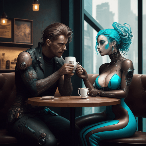 AI generated: A man and a woman are drinking coffee in a coffee shop.In the style of oliver wetter, alberto seveso...