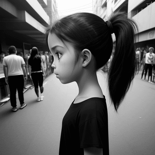 AI generated: photography, side view, upper-body, portray an innocent little girls six years old with pony tail, m...