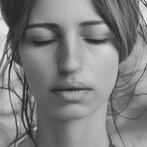 AI generated: cinematic medium closeup of a slim european woman, (hyper detailed skin), closed eyes,