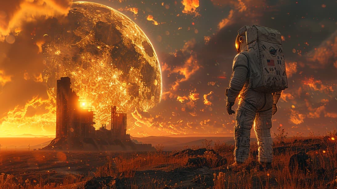 AI generated: A female astronaut on a desolate moon looking at the ruin of a alien building, Fine art, Astronaut, ...