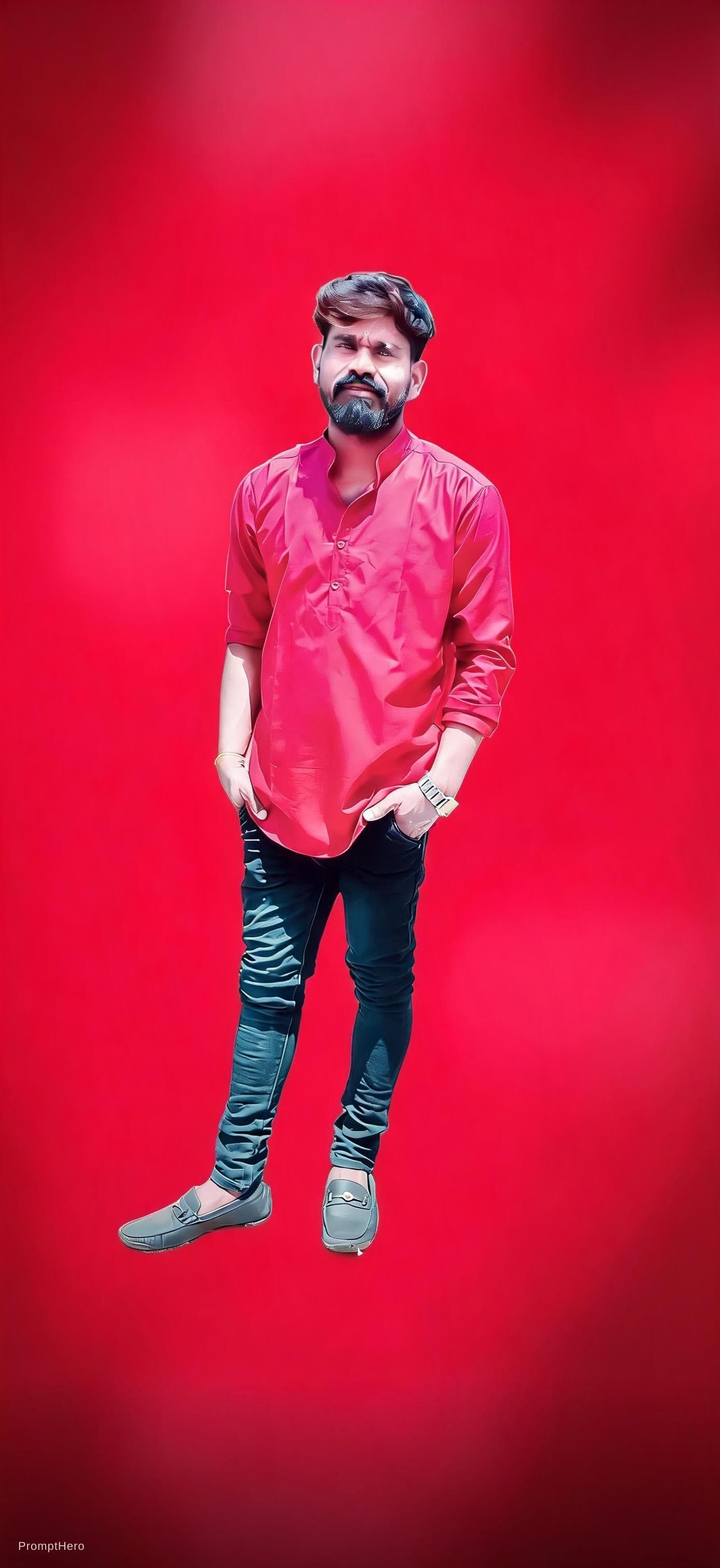 AI generated: blur background and to cutouts athor poses  my body and red background 