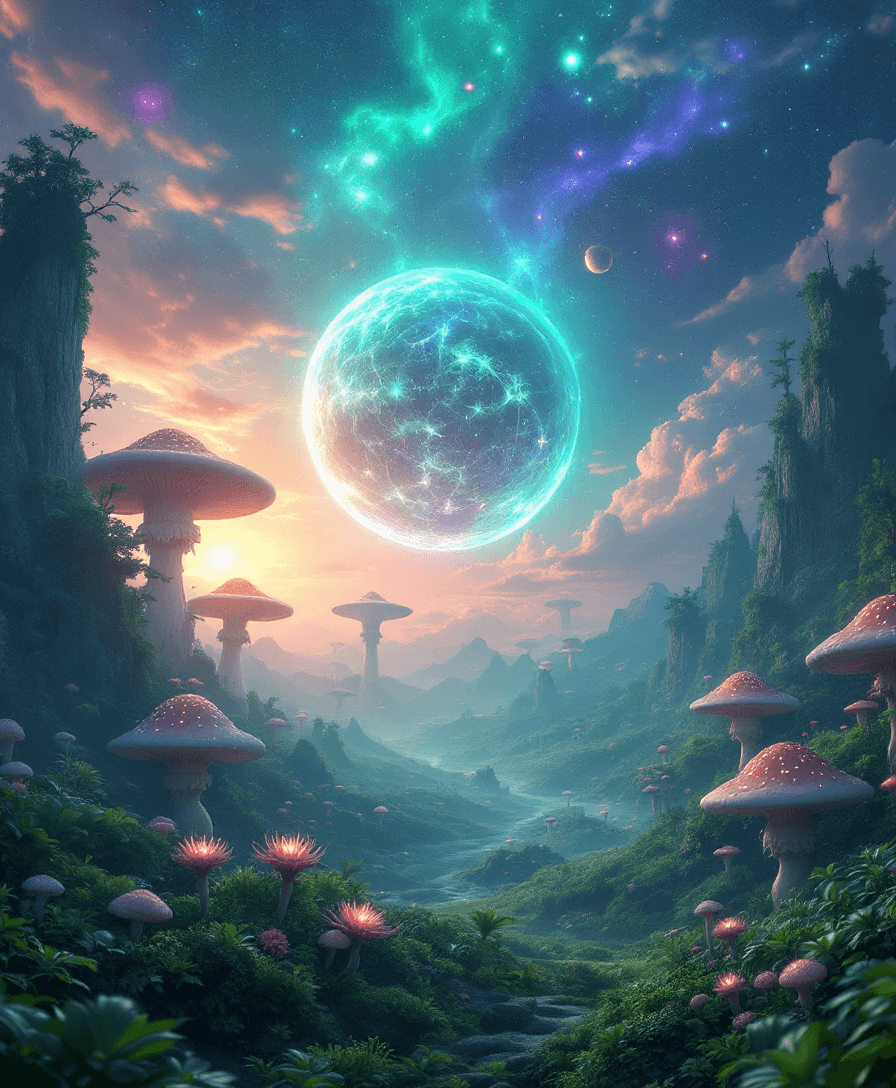 AI generated: Fantasy landscape, dynamic lights, glowing emerald, nebulas, sunset,,8k photorealistic eternal  ambi...