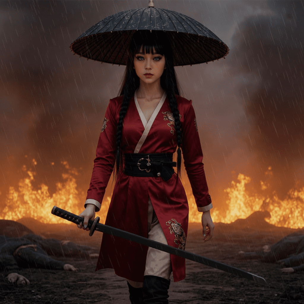 AI generated: HD hyper realistic zoomed out photo of a Chinese female warrior. She is walking toward the camera, s...