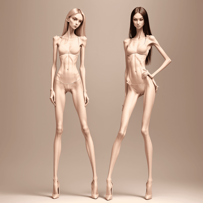 AI generated: photo of two an extremely skinny, flat-chested model with extreme long and skinny legs with extreme ...