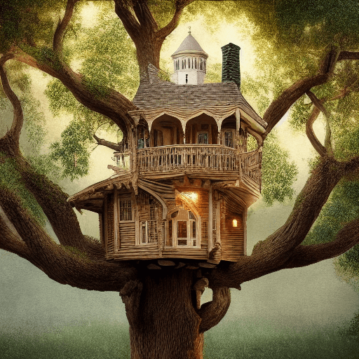 AI generated: Masterpiece, Intricate detail, best resolution, Treehouse, white house, brown tree, realistic lighti...
