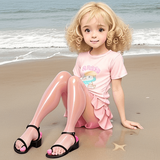 AI generated: at the beach, cute little girl, blonde curly hairs, cute shirt, tight shirt, pink glossy pantyhose, ...