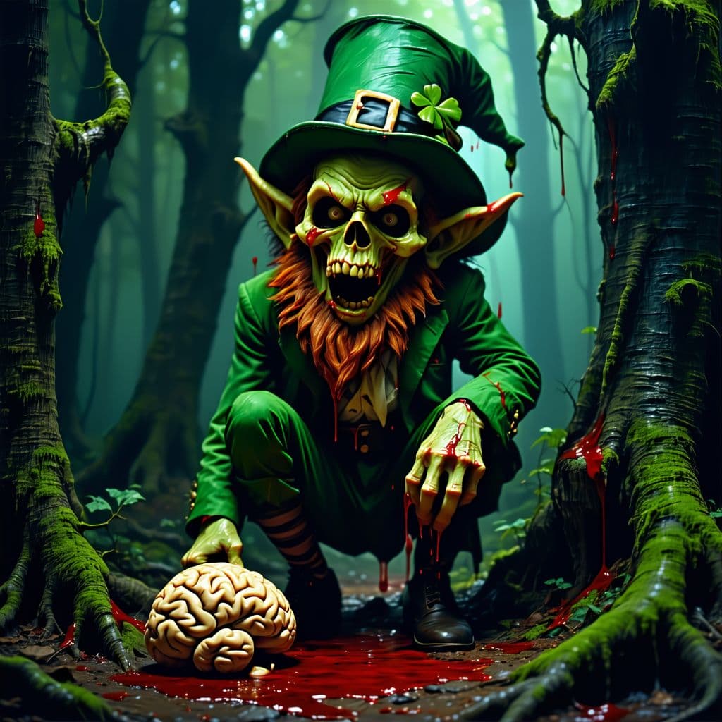 AI generated: leprechaun hiding in the dark woods, with blood dripping from mouth and half eaten brain on the floo...