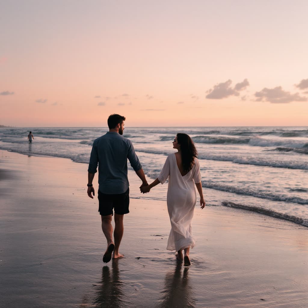 AI generated: A man and a woman Walking hand in hand on the beach