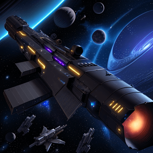 AI generated: a big dark starfligher, in deep space, future, fantasy, high technology, 8k, 2 guns in front,  