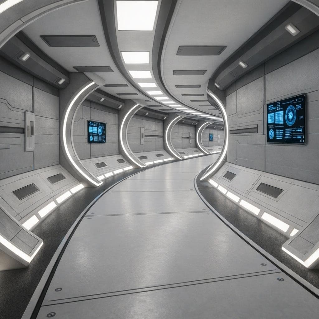 AI generated: Show the corridor passageway curving to the left.