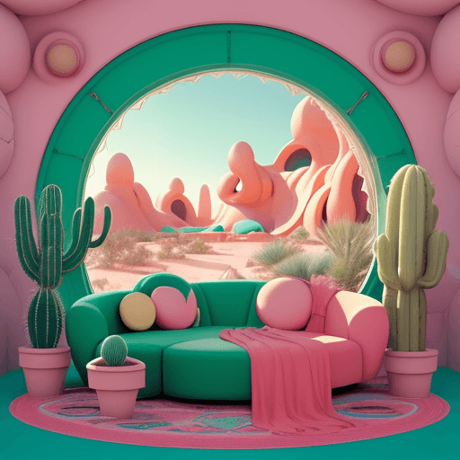 AI generated: cactus plants and a couch in a desert setting with a round window, futuristic in the desert, googie ...