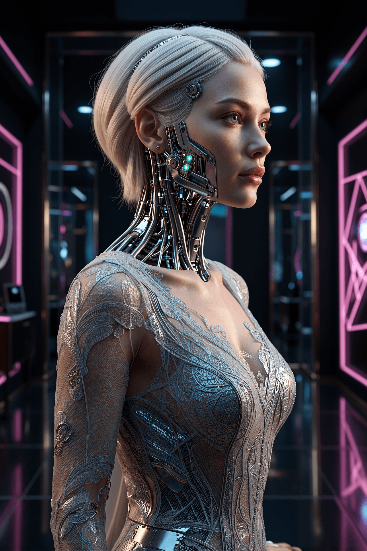 AI generated: An exquisitely detailed hyperrealistic cyborg female figure with a breathtaking porcelain skin textu...