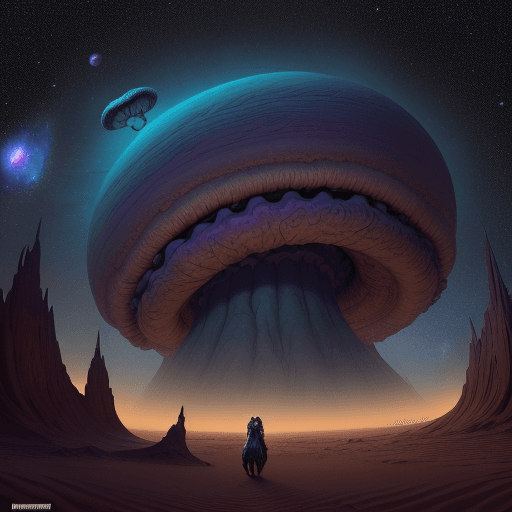 AI generated: Dune enormous big worm in desert, scary teeth, surrounded by galaxies and stars, creating an otherwo...
